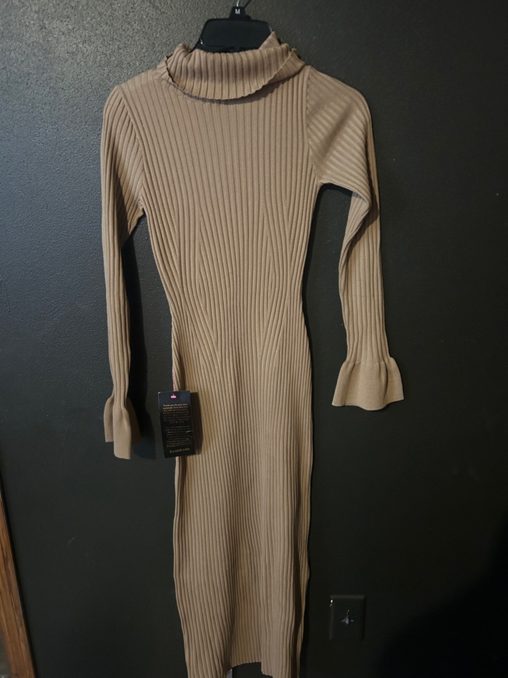 BEBE Bell Sleeve Turtleneck Midi Dress Camel